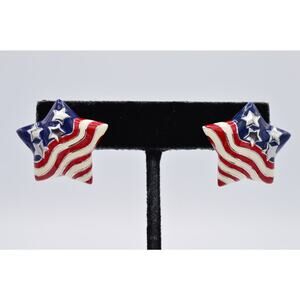 F.L Vintage Star Earrings Patriot USA Flag 4th July Enamel Blue Red Signed 9C